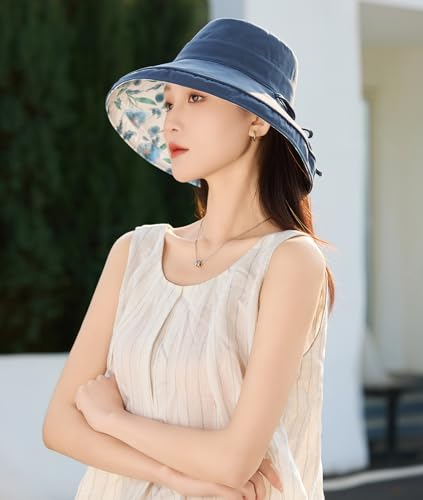 HUAMULAN Women Wide Brim Reversible Sun Hat Summer Beach Fishing Bucket - color: Navy Floral