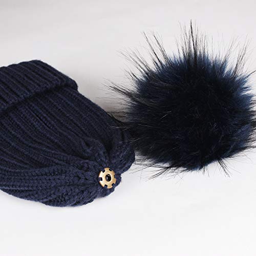 FURTALK Womens Winter Knitted Beanie Hat with Faux Fur Pom Warm Knit Skull Cap Beanie for Women - color: Navy With Navy Pom