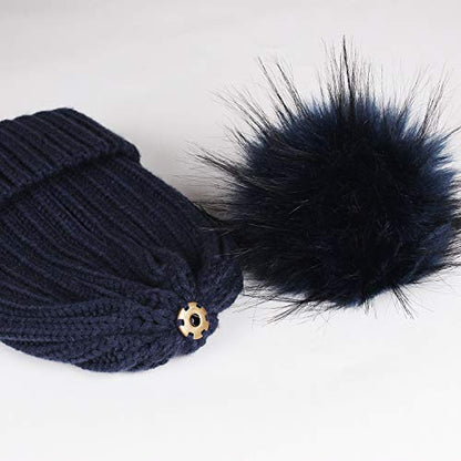FURTALK Womens Winter Knitted Beanie Hat with Faux Fur Pom Warm Knit Skull Cap Beanie for Women - color: Navy With Navy Pom
