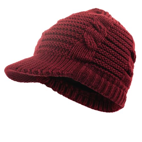 Women's BeanieTail Warm Knit Hat Messy High Bun Ponytail Visor Beanie Cap - color: B340-burgundy, size: Medium