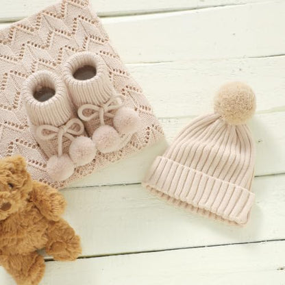 Baby Hats and Booties Set Newborn Knit Pompom Beanie Caps Shoes Winter - color: Beige