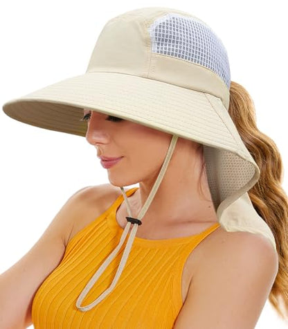 Sun Hats for Women UV Protection with Neck Flap Wide Brim Beach Hats with Ponytail Hole for Hiking Fishing Gardening Travel - color: Beige