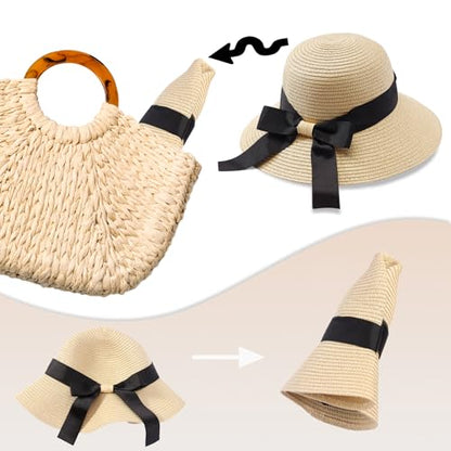 MILAKOO Straw Mesh Buckle Hat Ribbon Bow Cap Strap Foldable Roll Up Cap Sun Protection Hat for Travel - color: 01 Beige