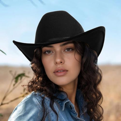 2pcs Western Cowboy Hat for Men Women Black Cowgirl Hat Felt Fedora Country Cow Girl Hats with Belt Buckle Party - color: Black+browm