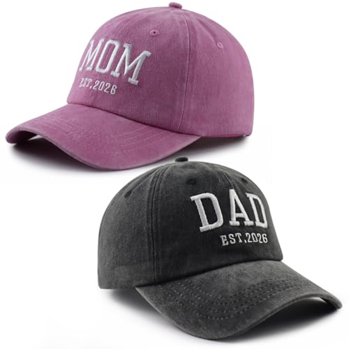2PCS Mom and Dad EST 2027 2026 Hats for Women Men, New Parents Baseball Cap - color: Black and Pink
