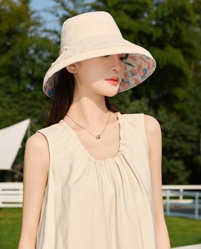 HUAMULAN Women Wide Brim Reversible Sun Hat Summer Beach Fishing Bucket - color: Beige Floral