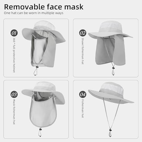 Fishing Hat, UPF 50+ Sun Cap with Detachable Mask - color: Light Grey