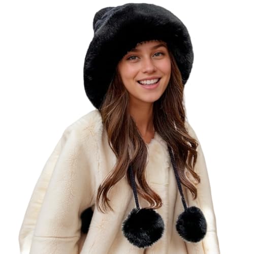 Winter Pompom Beanie Hats for Women Fluffy Knit Skull Cap Womens Faux Fur Crochet Warm Bucket Outdoor Ear Cover - color: Black