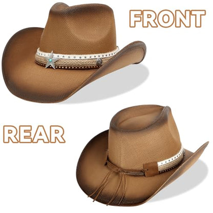 WQWOVRVO Cowboy Hat,Cowgirl Hat,Western Cowboy Hats for Women/Mens/Straw Wide with Shapeable Brim Cowboy Hat for Womens - color: Camel & Coffee Color