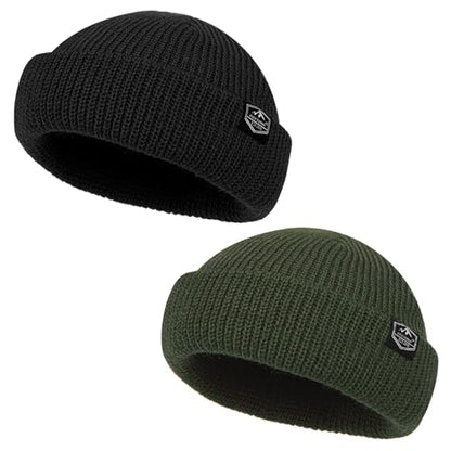 Fisherman Beanie Roll-up Edge Trawler Beanie Skullcap Watch Hat Knit Short Cap - color: Black+olive