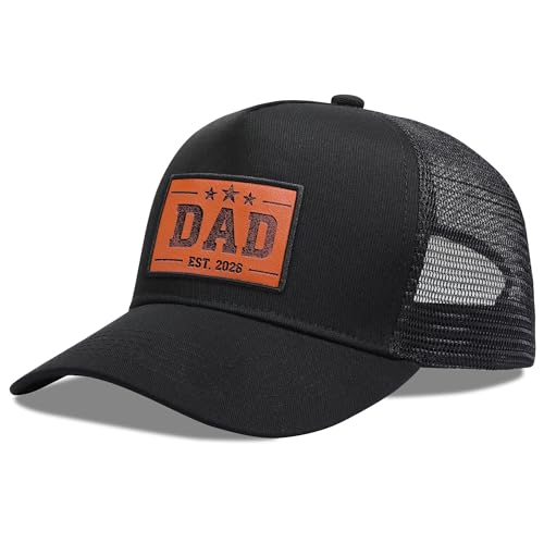 Dad EST.2026 Trucker Hat Baseball Cap for Men, Leather Patch Unique Dad Gifts Perfect Fathers Day Birthday Christmas - color: Black