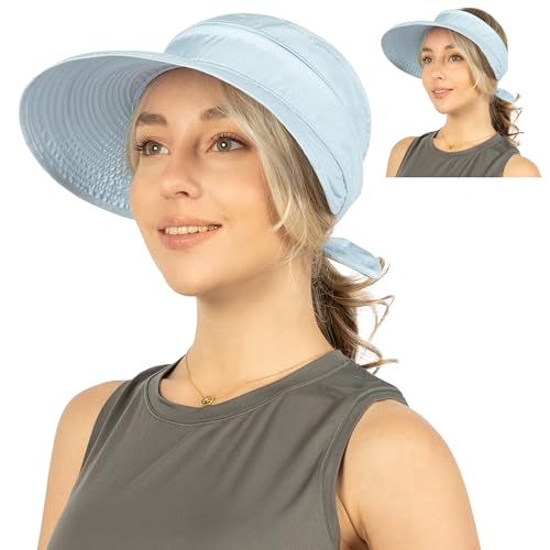 SUN CUBE Womens Sun Hat UV Protection Wide Brim Zip-Off Golf Visor - color: Light Blue