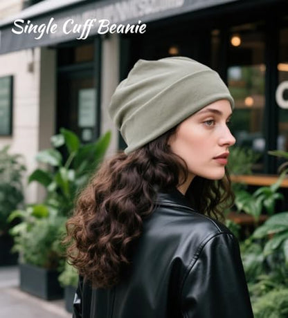Slouchy Beanie for Women Men Thin Knit Winter Hat 93% Cotton Beanies - color: Grayish Green