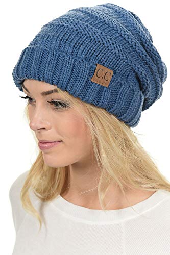 C.C Hat-100 Oversized Baggy Slouch Thick Warm Cap Hat Skully Cable Knit Beanie - color: Dark Denim