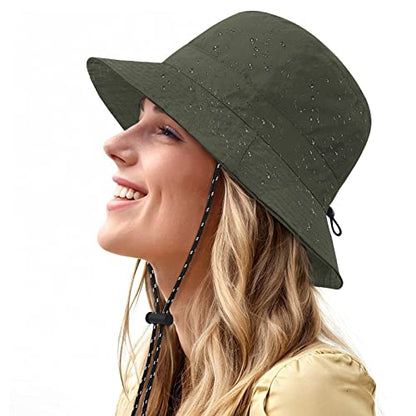 Waterproof Bucket Hat for Women Men Rain Hat Wide Brim Packable Sun Hat UV Protection Summer Beach Fishing Hiking Safari Hat - color: Army Green