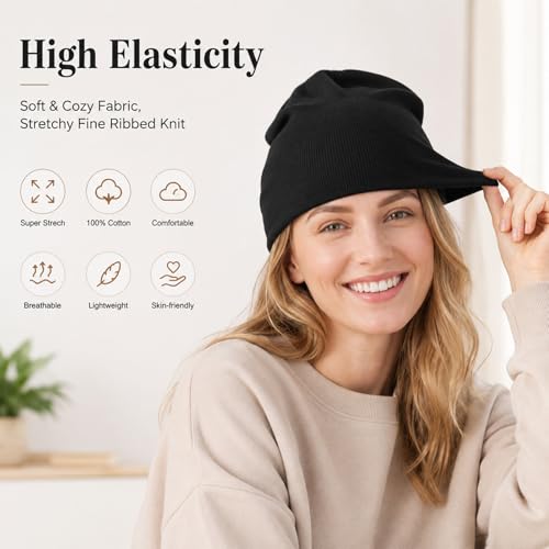 salbsever Summer Beanies, Cotton Beanie Black Beanie for Men Slouchy Beanies Ultra-Soft Cuffed Knit Hat