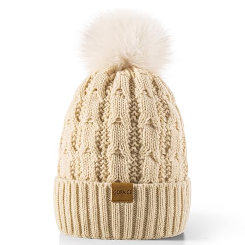 Womens Winter Knitted Beanie Hat,Warm Fleece Lined Soft Chunky Trendy Ski Cap with Cute Pom Pom - color: Beige