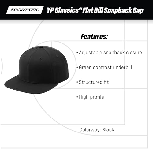 SPORT-TEK Unisex Classics Flat Bill Snapback Cap | Snapback Hat for Men & Women, High Profile Design with 7 Position Closure - color: Dark Heather Grey/ Black
