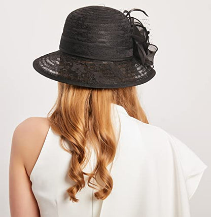 Women's Kentucky Derby Church Dress Hat Wide Brim Leaf Flower Bridal Shower Hat - color: R1 Black