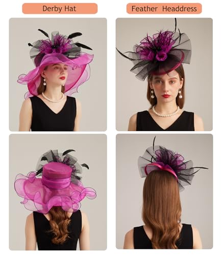 Women Derby Church Hat Organza Flower Wedding Tea Party Fascinator Wide Brim Sun Hat - color: 10-fuchsia