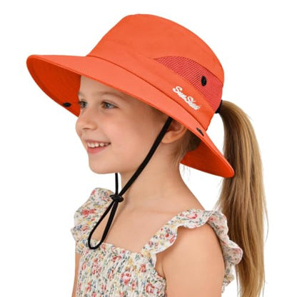 ZOORON Kids Girls Ponytail Sun Hat UPF 50+ Breathable Mesh Water-Resistant - color: Solid Orange