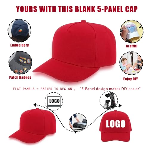 12 Pack Seamless Baseball Caps Wholesale Bulk - No Center Seam, DIY Friendly, Adjustable Breathable Lightweight for Men Women - color: Red