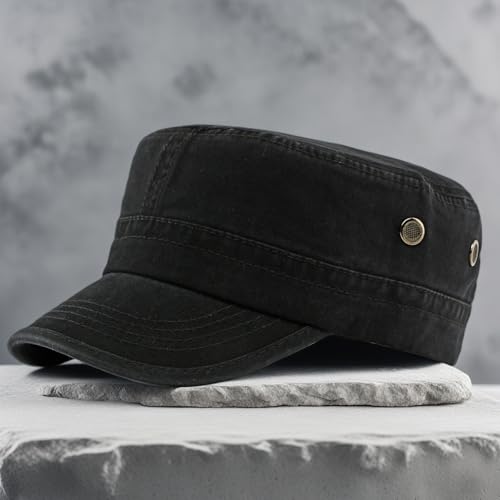 Army Cadet Cap for Men Women Military Flat Top Cap Adjustable Cotton Basic Baseball Cap - color: Black