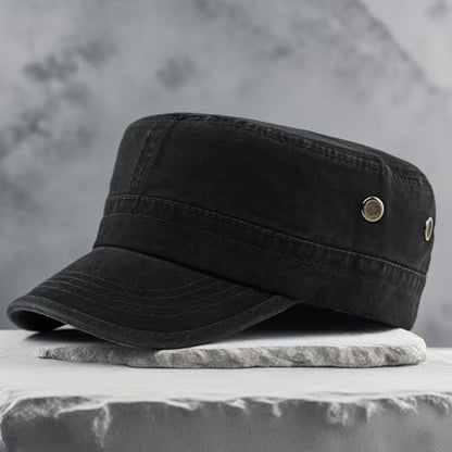 Army Cadet Cap for Men Women Military Flat Top Cap Adjustable Cotton Basic Baseball Cap - color: Black