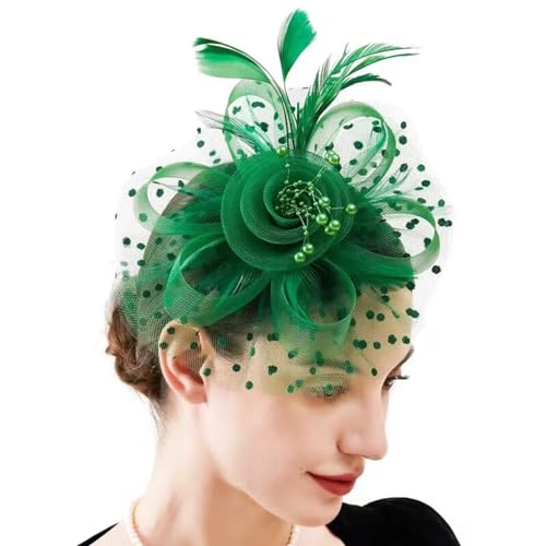 JUNBESTN Fascinators Hat Tea Party Headwear for Women Flower Mesh Feathers Headband - color: Green