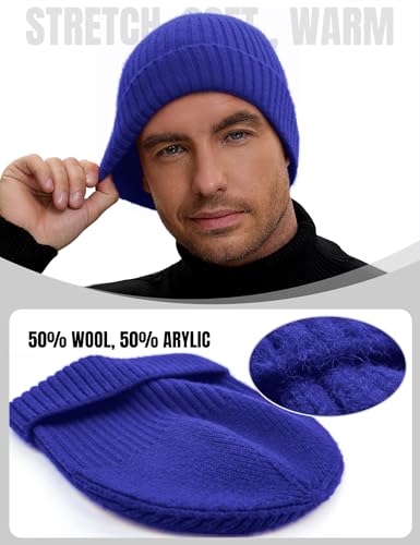 vidsel 50% Wool Double Cuff Beanie Hat for Men Women, Warm Winter Knit Cap - color: Blue