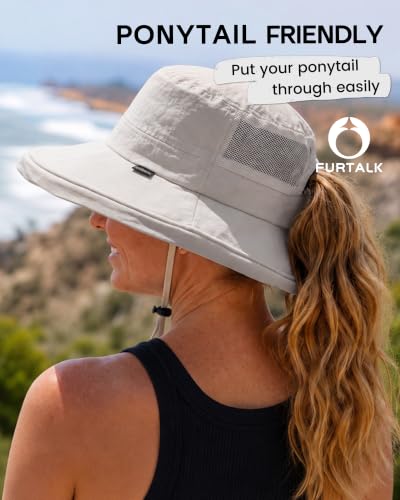 FURTALK Sun Hats for Women Wide Brim Ponytail UV Packable Hiking Travel - color: Grey