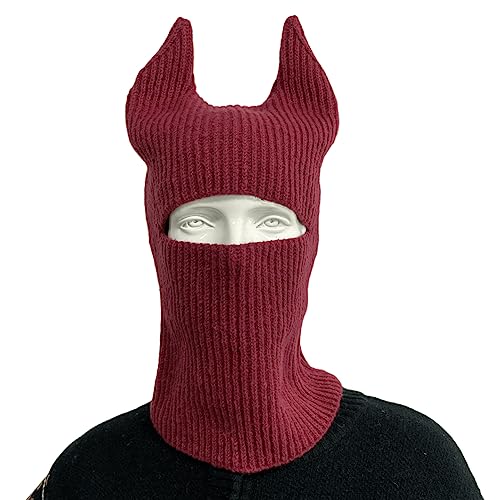 LOLAT Funny Horn Balaclava Ski Mask with Ears Full Face Hat Winter Warm Beanies Halloween Costume Men/Women - color: Maroon