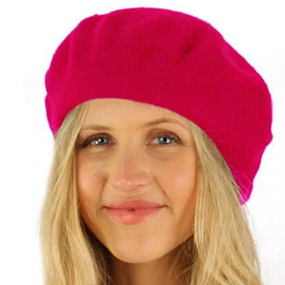 Classic Winter 100% Wool Warm French Art Basque Beret Tam Beanie Hat Cap - color: Hot Pink