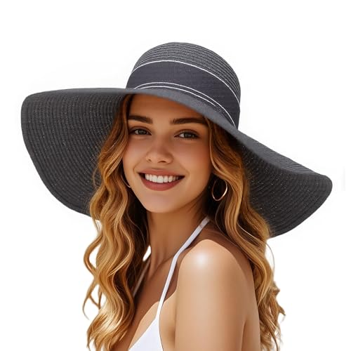 Barelove Sun Straw Hat Wide Brim Shape Hat with UPF 80+, Packable Foldable Floppy Summer Beach Hat for Women Men - color: Black - Wide