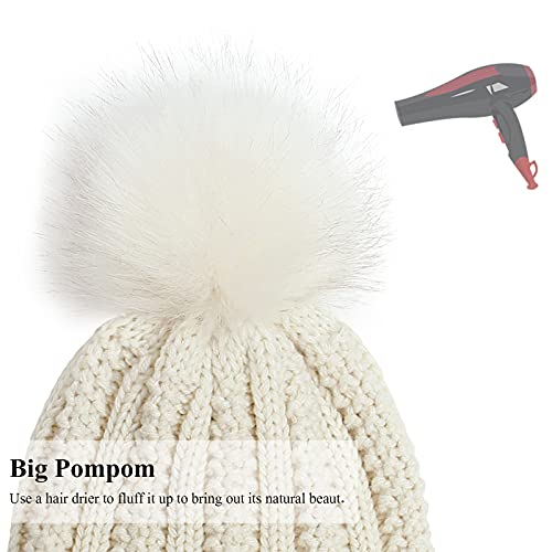 Muryobao Womens Satin Lined Beanie Hat with Faux Fur Pom Cuffed Winter Warm Knit Skull Cap - color: Beige