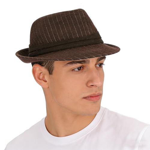 Fedora Hat Men Felt Panama Jazz Hat Women Classic Manhattan Structured Trilby Hat Short Brim Vintage Fedora Hat Band - color: Coffee-stripes