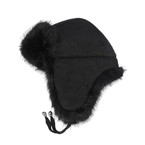 Winter Fuzzy Knit Trapper Hat with Faux Fur Earflap Fleece Lined Windproof Russian Ushanka Cap Ski Snow Hunting Hat - color: Black