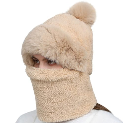 Womens Knit Pom Beanie Hat Thermal Polar Fleece Lined Winter Scarf Set Face Mask Hooded Scarf Earmuff Skull Hats