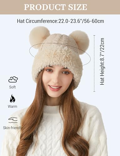 FEOYA Womens Knit Winter Beanie Hat with Faux Fur Pompom Fuzzy Cute Knit Fleece Lined Skull Cap - color: Off-white