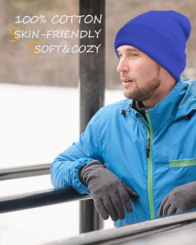100% Cotton Beanie Lengthen Cuffed Beanies Knit Winter Hats Unisex - color: 1-blue