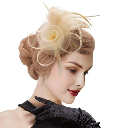 DRESHOW Fascinators Hats for Women Tulle Feather Tea Party Fascinator Hats - color: Beige