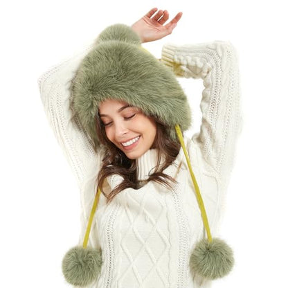 Winter Hats Cute Kint Hat Russian Fur Crochet Hat Slouchy Beanies with Pompom Warm Fuzzy Snow Cap Trapper Hat for Women - color: Light Green