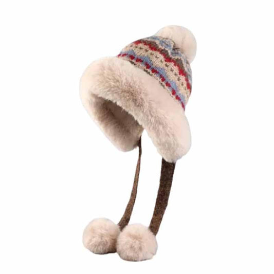 Fashion Knit Pullover Hat Women's Winter Earflap Hat Cap Fleece-Lined Thickened Windproof Vintage Hat - color: Khaki