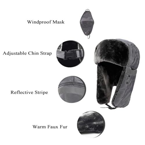 Winter Trapper Hats Ushanka Russian- Men Women Trooper Ear Flaps Hunting Face Masks Ski Snow Cold Weather - color: Grey