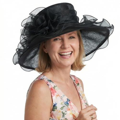 Janey&Rubbins Women's Feathers Floral Fascinating Wide Brim Lightweight Church Derby Hat - color: Black