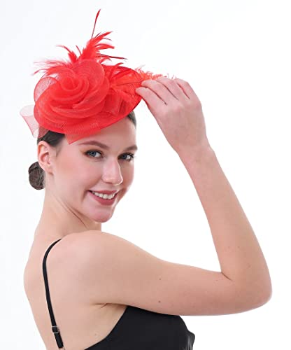 Fascinator Hat with Feather and Mesh – Floral Headpiece for Tea Party, Wedding, Cocktail Event - color: Red