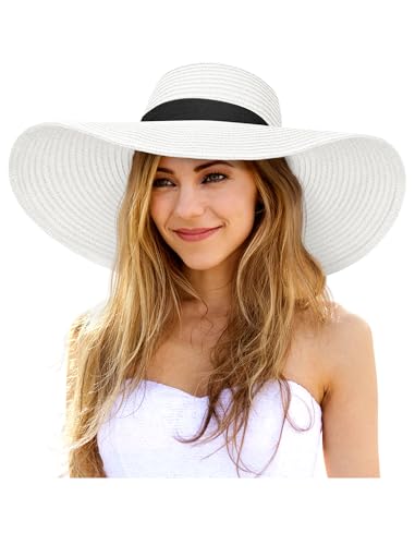Floppy Sun Hats for Women, Summer Wide Brim Straw Beach Hat - color: Off-white, size: X-Large