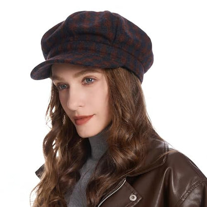 ZLYC Women Classic Newsboy Cap Visor 8 Panel Gatsby Cabbie Paperboy Hat - color: Gingham Burgundy and Navy