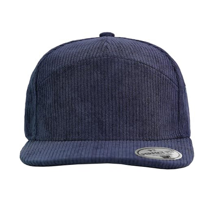 7 Panel Corduroy Cap – Structured Cotton Snapback Flat Bill Adjustable Unisex Streetwear Hat - color: Navy