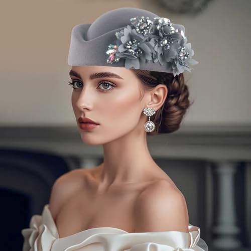 Women Vintage Church Hat Applique Felt Pillbox Hat Fascinator Tea Party Cap - color: Z1-gray